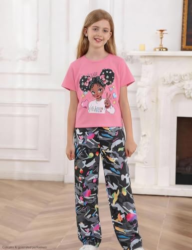 Image of mksodop Girls Outfit Set Graphic T Shirt and Camo Jogger Pants Cute Casual Clothes for Girls 5-16 Years