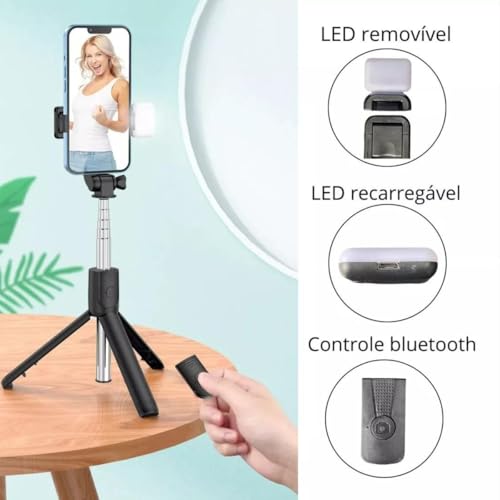 Tripé Led Bastão Pau De Selfie Com Led Bluetooth Retrátil Para Celular Com Controle Remoto Rosa