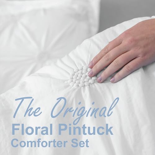 Image of Swift Home Full /Queen White Comforter Set - Ruched 3D Floral Pintuck Bedding Set - 3 Pieces Bed Linen, 1 Comforter and 2 Pillow Shams