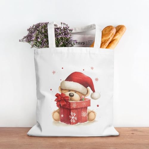 Santa Hat Gift And Merry Christmas Large Canvas Tote Bag Cute Travel Shoulder Bag Reusable Washable Shopping Grocery Bags For Women Men3