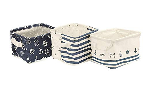 Orino Waterproof Nursery Nautical Fabric Small Storage Baskets Beach Anchor Theme Collapsible Portable Storage Bins with Handle for Cloth, Toys, Books, Sundries, Set of 3
