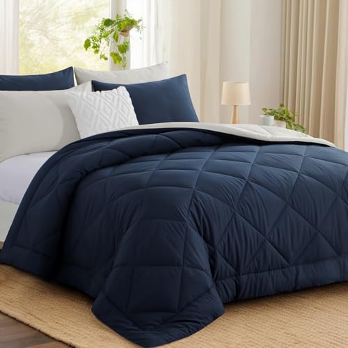 Aisbo Coverless Duvet Double 10.5 Tog - 200x 200cm Navy Blue Cosy and Lightweight Quilt Reversible Comforter with 2 Pillowcases Navy/Beige