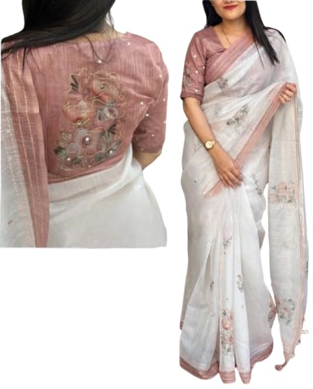 Floral Embroidered Linen Cotton Saree for Women, White with Pink Border-image-11