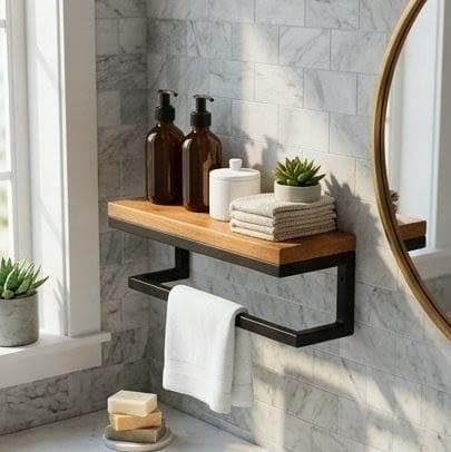 Image of Premium Wall-Mounted Floating Shelf with Integrated Towel Bar | Metal & Wood Bathroom Organizer | Multi-Purpose Storage Rack for Kitchen & Entryway | Matte Black & Natural 0ak Finish