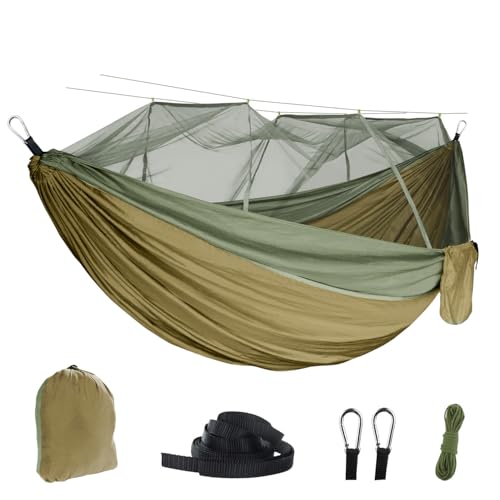 RANIT Camping Hammock with Net, 210T Parachute Nylon Fabric,Single Lightweight Portable Hammocks,Parachute Hammock for Camping, Outdoor Backyard Backpacking,Hiking (Army Green)