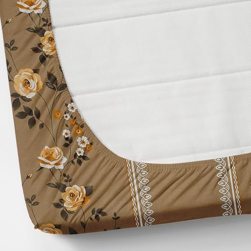 Image of VOMZER Queen Size (60x78) 300 TC Soft Cotton Feel Microfiber All Around Elastic Fitted Double Bedsheet with 2 Frill Pillow Covers | Beige Lily