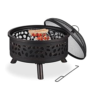 Relaxdays Feuerschale mit Grillrost & Funkenschutz, Schürhaken, Kohlerost, Ø 60 cm, Stahl, Feuerstelle Garten, bronze