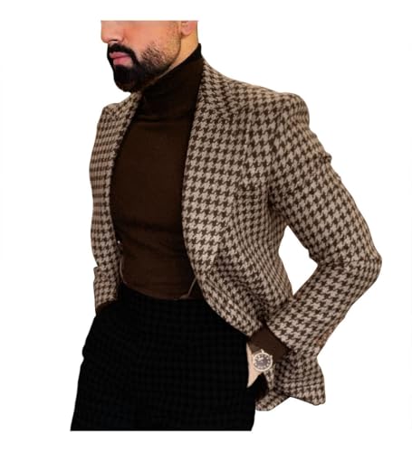 Premium Mens Brown Big Pattern Houndstooth Dogstooth Plaid Slim Fit Tuxedo Prom Wedding Sport Coat