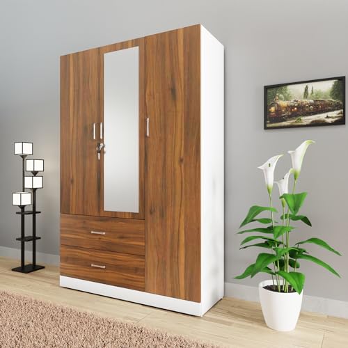 Image of VIKI Wardrobe | Wooden Almirah for Clothes,Door for Bedroom, 3 Door Wardrobe with Drawer, Mirror & Hanging Space (White & Walnut - 40D x 120W x 180H) | 1 Year Warranty | Free Assembly