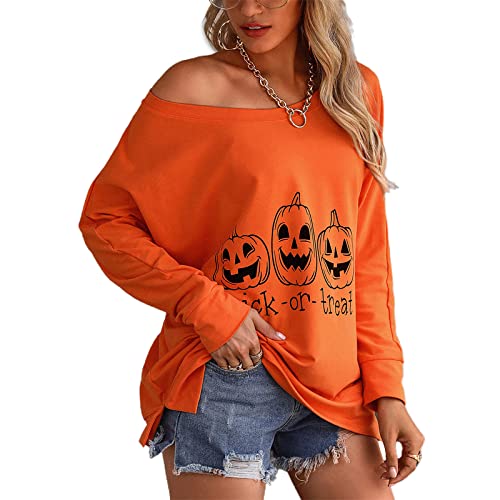 Sudadera de manga larga suelta casual para mujer, suéter de moda de Halloween, calabaza, estampado de un hombro, color naranja, naranja, L Cover