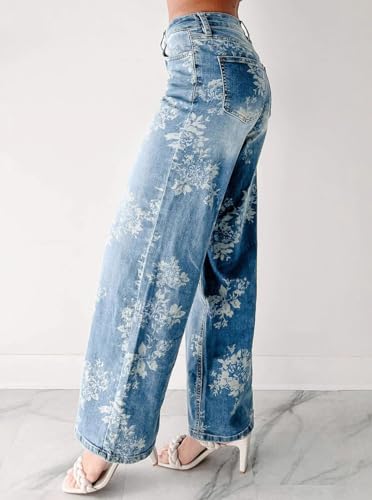 chouyatou Women Distressed Y2K Floral Print Jeans Casual Straight Leg High Waisted Trousers Denim Pants3