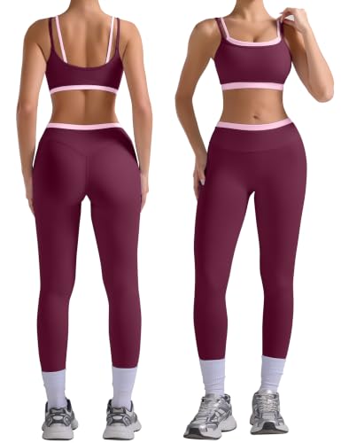 OLCHEE Womens Workout Sets 2 Piece Double Layered Padded Sports Bra Double Waisted Leggings Contrast Trims Gym Yoga Outfit - Plum Small