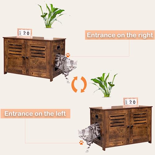 Dinzi Lvj Litter Box Enclosure, Cat Litter House With Louvered Doors, Entrance Can Be On Left Or Right Side, Spacious Hidden Cat Washroom For Most Of Litter Box, Cat Furniture Cabinet, Rustic Brown #TOP2