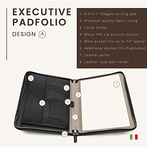 Premium Maruse Leather Portfolio Padfolio - Executive Folio for Men and Women with Zipper, Folio Document Organizer, Laptop Sleeve, iPad Case and Folder - Made in Italy, Black - Thumbnail 3