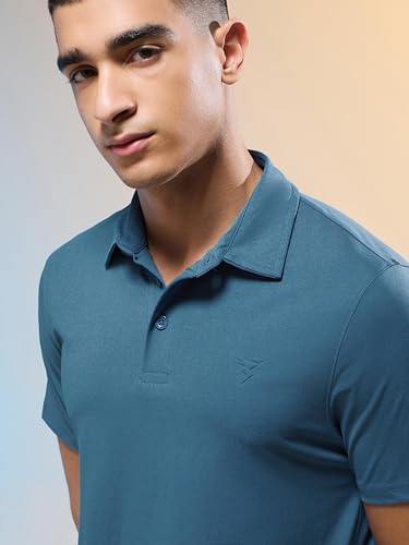Image of TECHNOSPORT Men's Solid Slim Fit Polo Collar T-Shirt COTFLEX Half Sleeve Button Polyester for Gym Running Workout UPF50+ Anti Odour