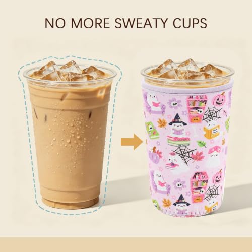 Image of Insulated Neoprene Cup Sleeve for Iced Coffee & Cold Soda - Reusable & Sweatproof, Keeps Drinks Cold Longer, Coffee Coolie for Hot & Iced Drinks (Halloween Ghost & Book, Small: 16-18oz)