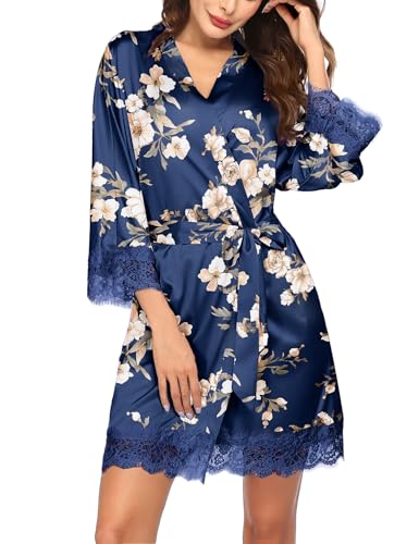 Image of Ekouaer Womens Silk Robes Short Lace Trim Satin Bride Bathrobe with Pockets