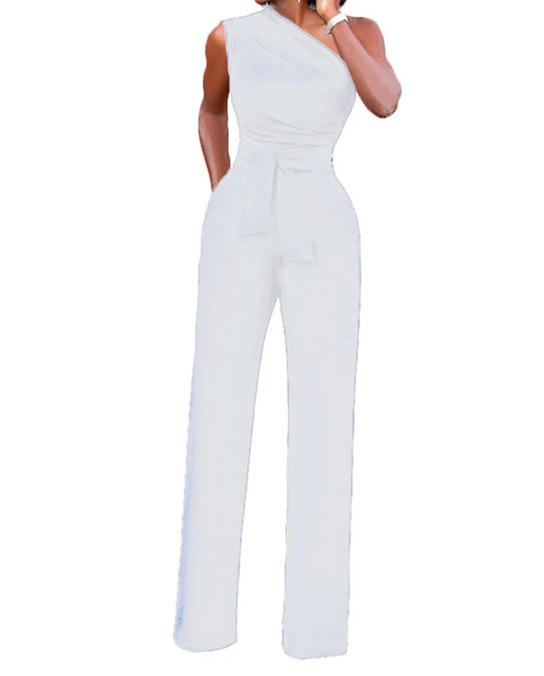 Yeuyyben Mono de pierna ancha con un hombro para mujer, sin mangas, elegante, casual, para fiesta de verano