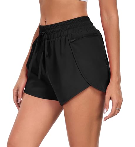 PrinStory Womens Athletic Shorts High Waisted Running Quick Dry Gym Workout Shorts with Zipper Pockets2