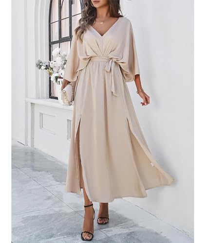 Image of SEMATOMALA Women's Satin Batwing Sleeve Cocktail Evening A Line Long Dress V Neck Ruched Loose Maxi Dress