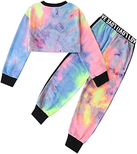 Girls Cropped Sweatsuit Pants Outfit Set, Tie-Dye Pullover Crop Sweatshirt + Sweat Jogging Pants 2 Pieces Clothes Set, Multicolored, 11-12 Years = Tag 160 #TOP1