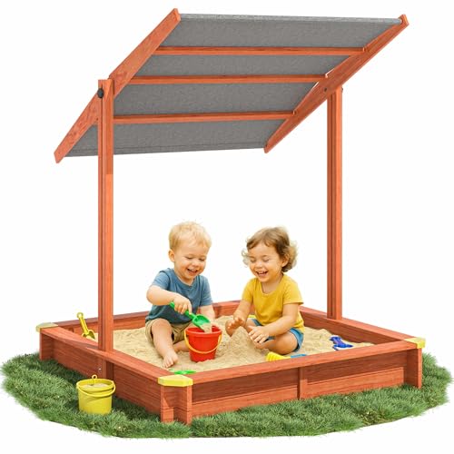 SPIELWERK® Bac à Sable en Bois Sami 120x120cm Tapis de Sol Toit réglable Protection UV 50+ Jeu pour Enfants extérieur Jardin