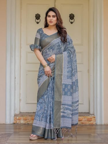 Image of ALMAARI FASHION Floral Printed Cotton Saree for Women with Handloom Zari Weave, Traditional Lightweight Ethnic Saree for Wedding Festive Office Party with Blouse Piece (LINEN 81-90 SH)