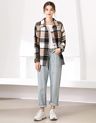 Liengoron Women Plaid Shacket Jacket Oversized Flannel Long Sleeve Plaid Shacket Shirt Jacket Button Down Plaid Shackets Khaki #TOP3