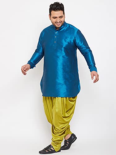 Image of VASTRAMAY Men's Silk Blend Solid Plus Kurta And Dhoti Set - Classic Ethnic Attire for Cultural Celebrations | Curved Hem Kurta With Contrast Cowl Dhoti Set