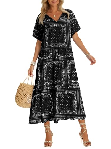 Yousify Womens 2026 Summer Maxi Dresses Short Sleeve Boho Beach Shirt Dresses Loose Vacation Outfits Sundresses Black