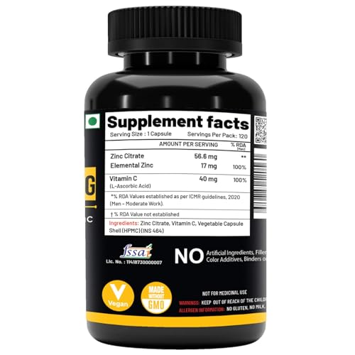 Image of NutriJa Zinc Citrate 56mg (17mg Elemental Zinc) with Vitamin C 40mg | Immune Support, Skin & Hair Health | 120 Veg Capsules