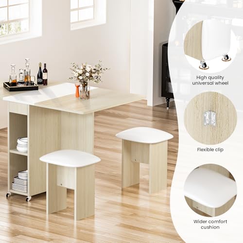 Image of furlinkhm Folding Dining Table Set for 4, Dinner Table with 4 Leather Chairs and Shelves, Space Saving Foldable Dining Table with 6 Wheels, Kitchen Table for Small Spaces (Beige)