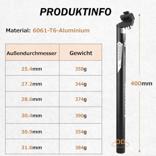 Azarxis Fahrrad Sattelstütze aus Aluminium, Leichtgewichtige Sattelstange für MTB & Rennrad (G - Schwarz, 27.2 x 400 mm) – Ansicht 2