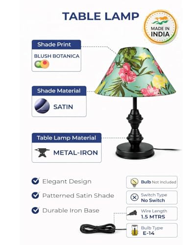 Image of tu casa Modern Table Lamp with Crimson Floral Satin Shade | Metal Iron Base Decorative lamp for Living Room| Designer Table Lamp for Gifting (Blush Botanica)