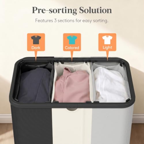 Image of Lifewit 185L 3 Section Laundry Hamper with Lid, Large Laundry Basket with Handles and Removable Bags, Tall Clothes Hamper, Foldable Laundry Sorter for Bedroom Bathroom, Black, Gray, and White