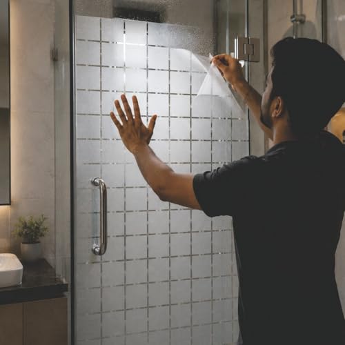 Image of CVANU Grid Pattern Frosted Privacy Window Film, Self Adhesive Waterproof Decorative Glass Covering for Doors & Windows, 2Inch Square Design Vinyl Film for Home & Office (12 x 100 Inch)