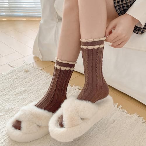 Image of Starella Women Cute Lace Crew Socks Cotton Vintage Twisted Preppy Dress Sock for Pumps Shoes 5 Pairs