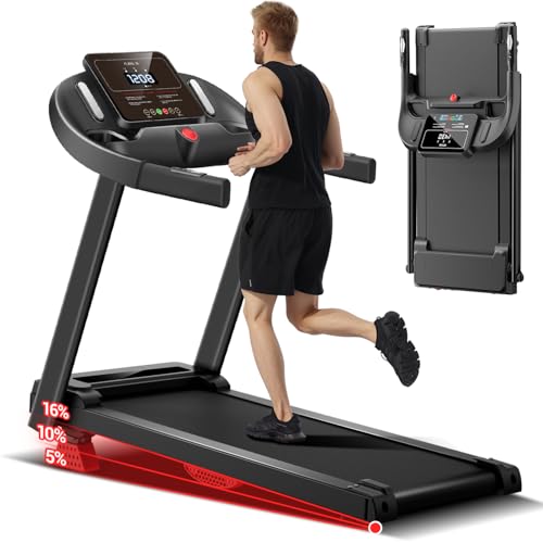 Folding Treadmill with 16% Adjustable Incline, 2.5HP Quiet Brushless Motor, 265LBS Capacity, 12KM/H...