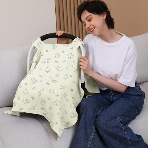 Image of 100% Muslin Cotton Car Seat Cover Baby, Carseat Canopy Cover, Universal Fit Stroller Covers for Boys and Girls (Cute Elephant)