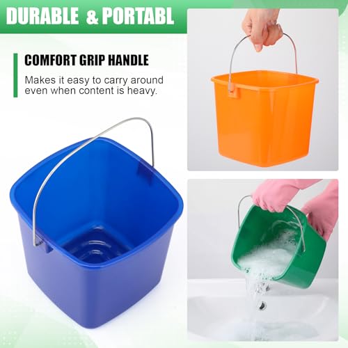 Image of Zhehao 6 Pcs 3 Quart Bucket for Cleaning Small Sanitizer Bucket for Restaurant Square Plastic Pail with Handles for Home, Offices, Commercial Use, Food Service(Orange, Green, Blue)