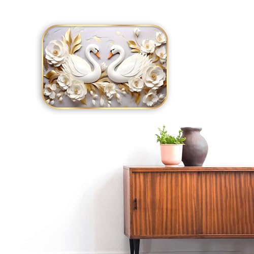 Image of Indianara White Swan Wall Art with Gold Roses, Digital Print, Gold Frame, 45 x 30 cm, Landscape