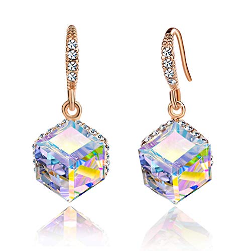 Colorful Cube Swarovski Crystal Dangle Earrings for Women 14K Gold Plated Hypoallergenic Color Changing Drop Earrings