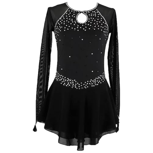 ZHQNZJF Long Sleeve Figure Skating Dance Dress Girls' Ballet Competition Costumes Crystal Roller Skate Performance Clothes,Black,XXL