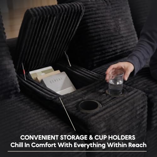 Image of 140 inch U-Shape Corduroy Boneless Couch, Modular Sectional Sofa Black | Cloud Comfort, Boneless Couches for Living Room, 2 Ottomans, Oversized Sofa, Storage & Cupholders, No Assembly Required