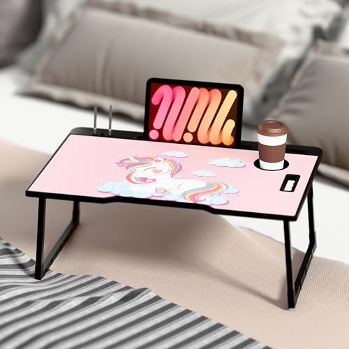 Image of LIDBOX Smart Multipurpose Foldable Laptop Table with Cup Holder, Study Table, Bed Table, Breakfast Table, Foldable and Portable /Ergonomic & Rounded Edges /Non-Slip Legs (COT UNICORRNS)