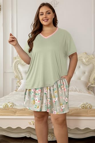 Image of Vozanet Women's Short Sleeve Top and Shorts Pajama Sets Plus Size V Neck Colorful Flower Nighty Loungewear With TWO Pockets