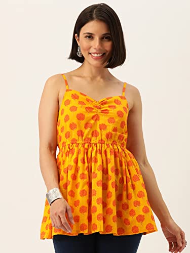 Image of FABRIC FITOOR Cotton Yellow & Orange Floral Print Strapped Peplum Top Girls /Women's /Ladies