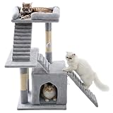 Senior Cat Tree Tower with Stairs, 31.5 Inch Cat Condo with Scratching Posts, Jump Platform Hammock, Stairs Pet Furniture Activity Center Play House Grey