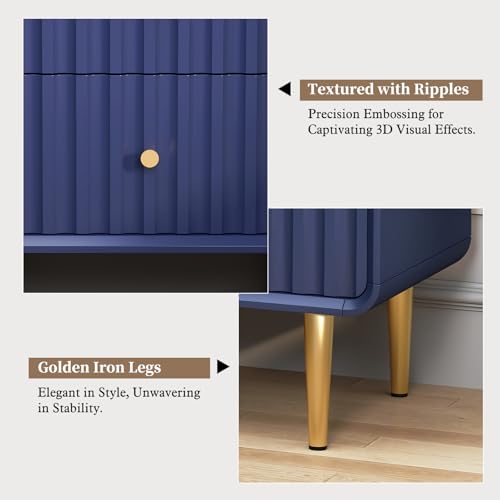 Image of HLR Night Stand Set of 2, Fluted Modern Bedside Table with 2 Drawers, Blue