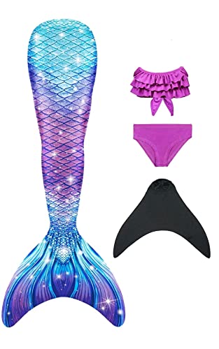 NAITOKE meerjungfrauenflosse mädchen Badeanzug - Meerjungfrau Flosse Bademode mit Bikini Set und Monoflosse Mermaid Tail, 4 Stück Set